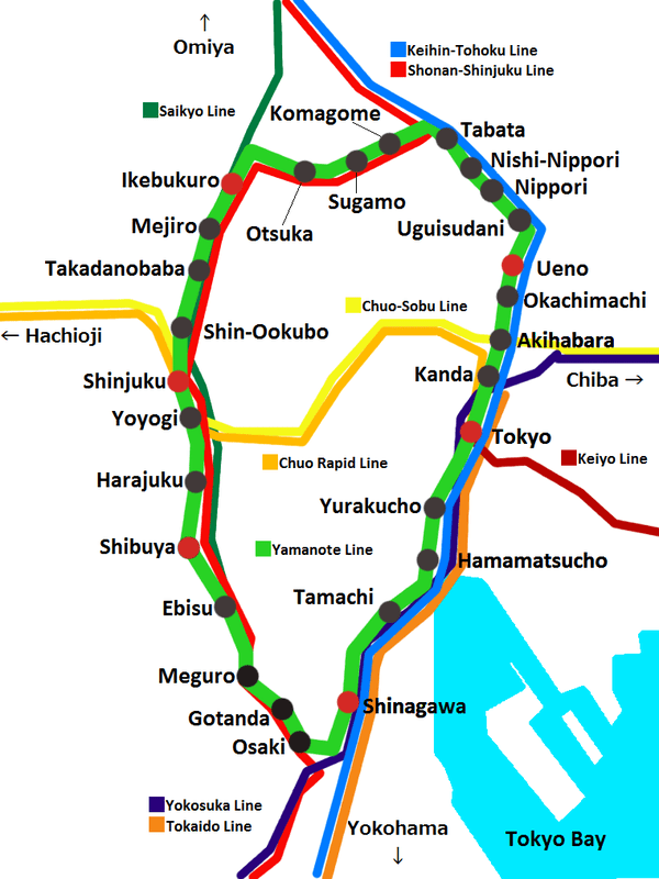 Mapa de las paradas y líneas de los trenes en Tokio.
