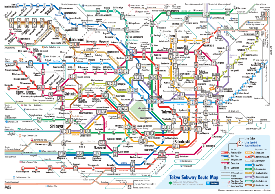 Mapa de los metros y sus estaciones en Tokio.