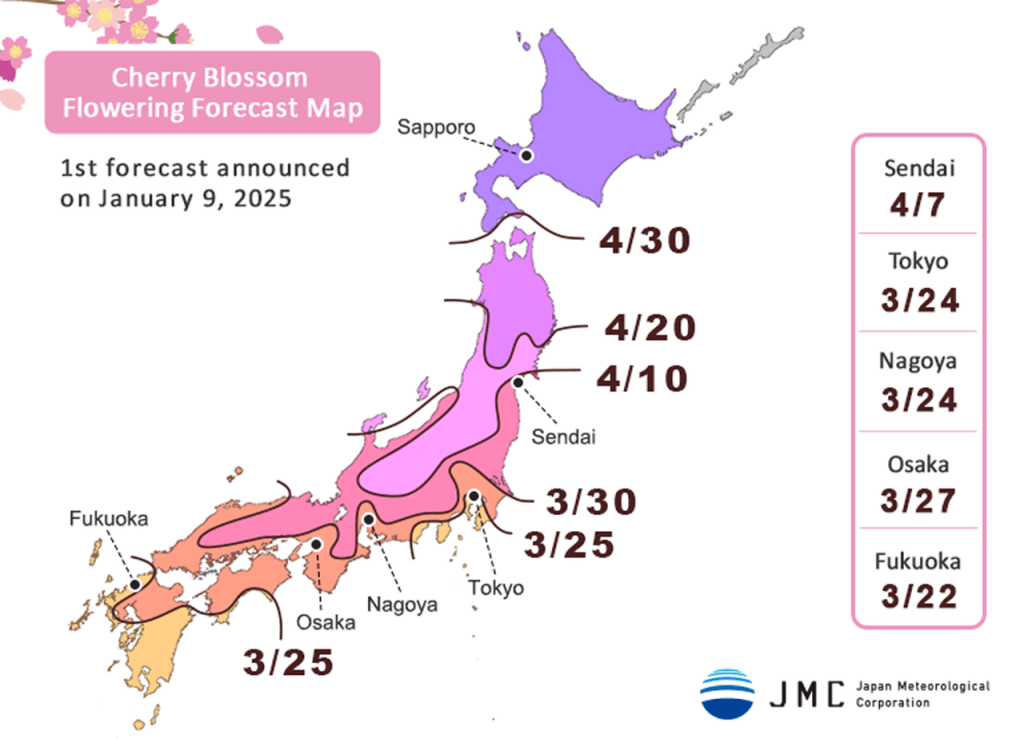 Imagen describiendo los inicios de los florecimientos de primavera en Japón