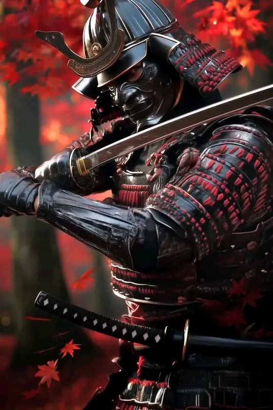 Samurái con portando los colores del otoño japonés.