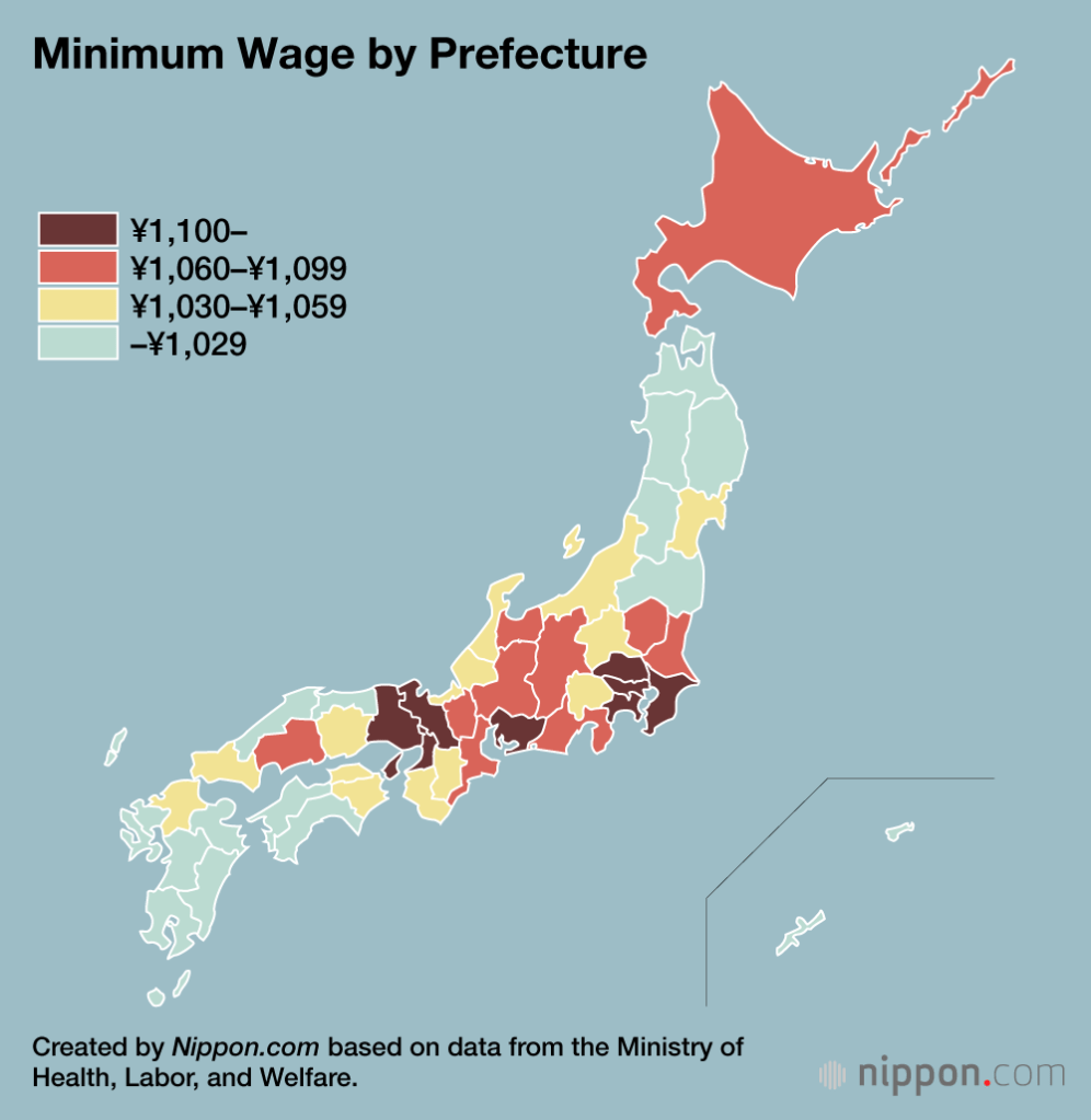 Mapa de Japón dividido por salario mínimo por prefectura. | Créditos: nippon.com
