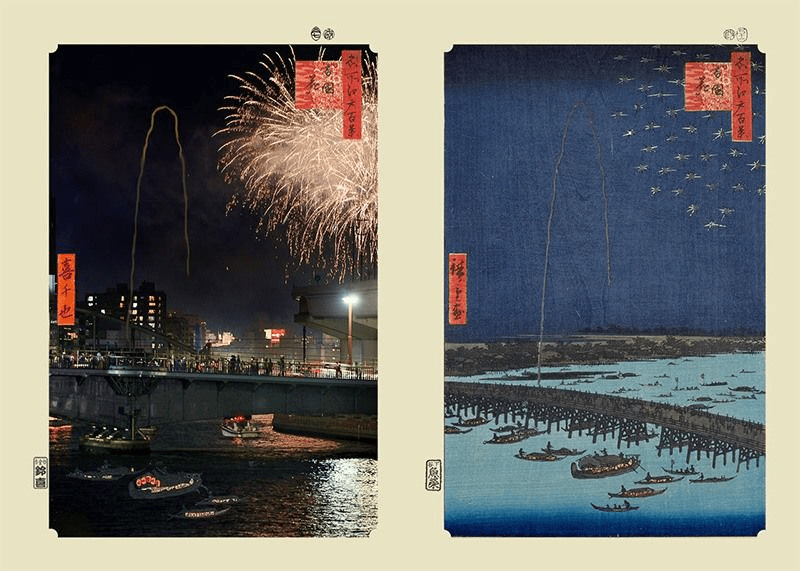(izquierda) Fuegos artificiales actuales, (derecha) fuegos artificiales en el periodo Edo.