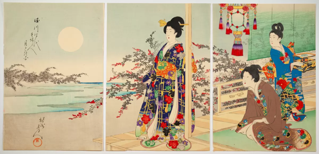 Observación de la luna, damas de alto rango de la Era Tokugawa (1895-1898).